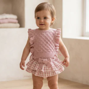 Conjunto bebé niña jersey punto algodón bragas volantes vichy 26107 Babby rosa